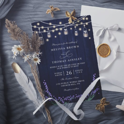 Invitation Rustic Blue Wood Lavender Elegant QR Code Wedding