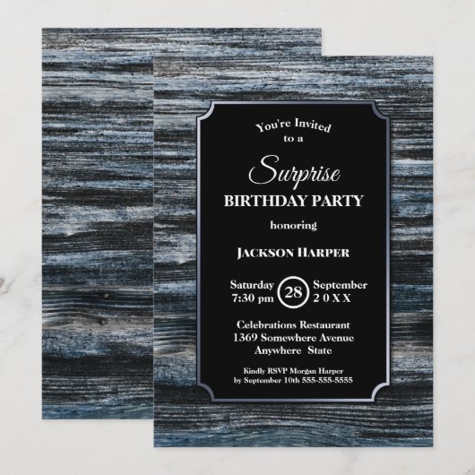 Invitation Rustic Blue Wood Surprise fête d'anniversaire (Devant / Derrière)