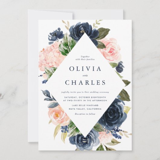 Invitation Rustic Blush et Navy Blue Floral Frame Mariage (Devant)