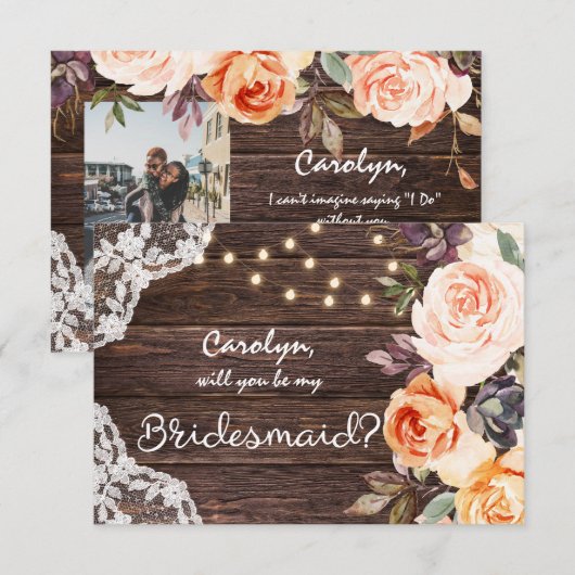 Invitation Rustic Blush Floral Be My Bridesmaid ? avec photo (Devant / Derrière)