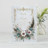 Invitation Rustic Blush Floral Feather Elegant Wedding (Debout devant)