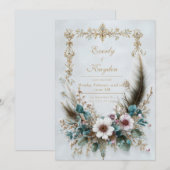 Invitation Rustic Blush Floral Feather Elegant Wedding (Devant / Derrière)