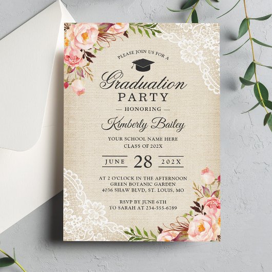 Invitation Rustic Blush Floral Lace Burlap Graduation Party