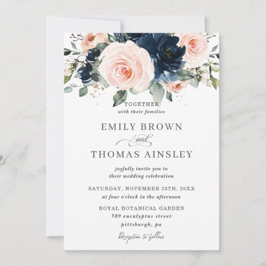 Invitation Rustic Blush Navy Blue Floral Greenery Mariage (Devant)