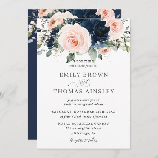 Invitation Rustic Blush Navy Blue Floral Greenery Mariage (Devant / Derrière)