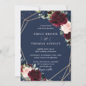 Invitation Rustic Blush Navy Blue Floral Greenery Mariage (Devant)
