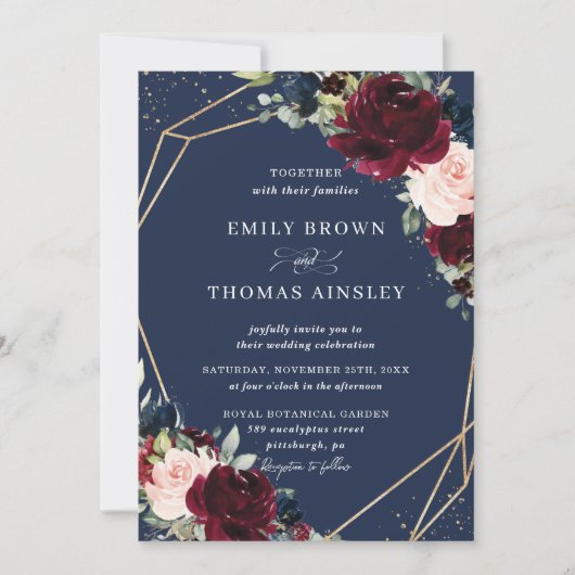 Invitation Rustic Blush Navy Blue Floral Greenery Mariage (Devant)