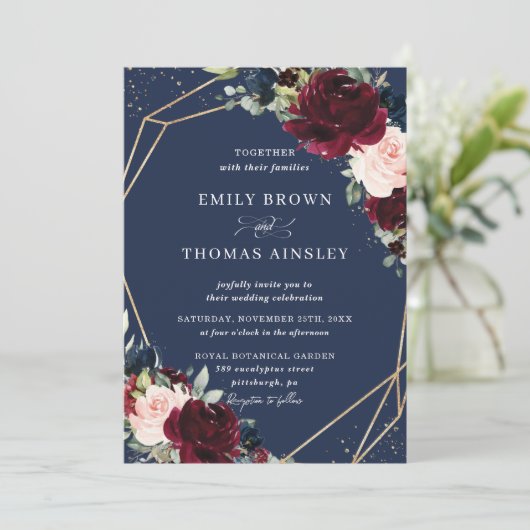 Invitation Rustic Blush Navy Blue Floral Greenery Mariage (Debout devant)