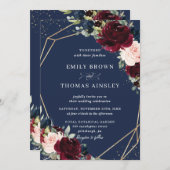 Invitation Rustic Blush Navy Blue Floral Greenery Mariage (Devant / Derrière)
