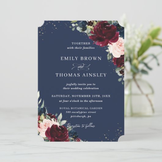 Invitation Rustic Blush Navy Blue Floral Greenery Mariage Inv (Debout devant)
