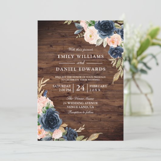 Invitation Rustic Blush & Navy Floral Mariage (Debout devant)