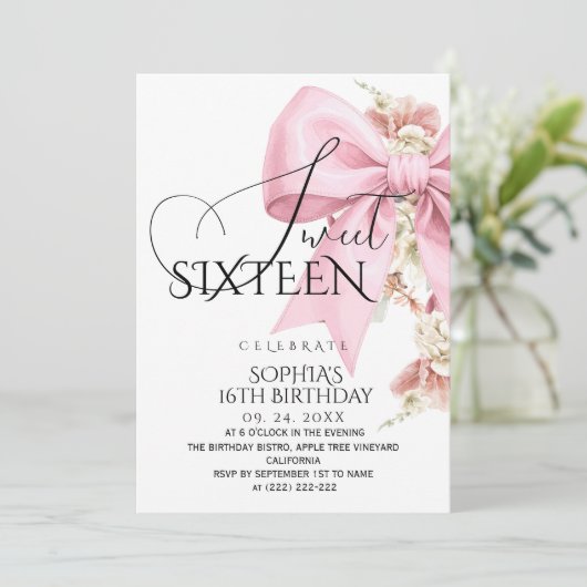 Invitation Rustic Blush Pink Bow Sweet 16 Birthday (Debout devant)