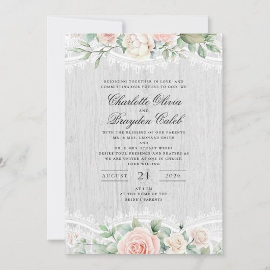 Invitation Rustic Blush Pink Watercolor Floral Lace Wedding (Devant)
