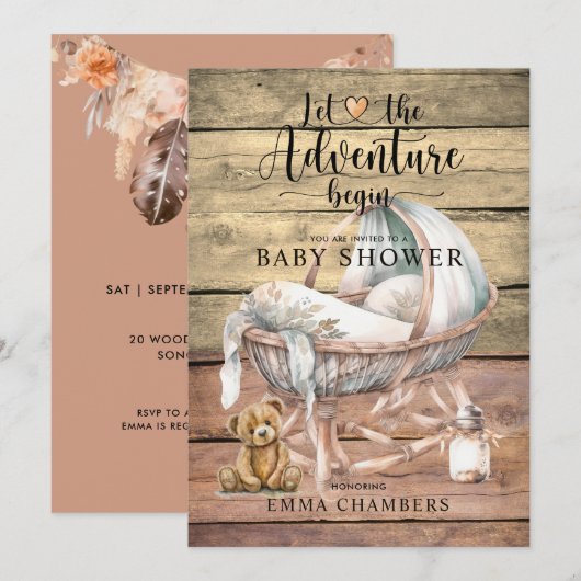 Invitation Rustic Boho Adventure commence le Baby shower (Devant / Derrière)