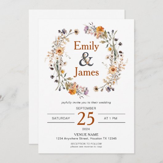 Invitation Rustic Boho Automne Fleur sauvage Mariage (Devant / Derrière)