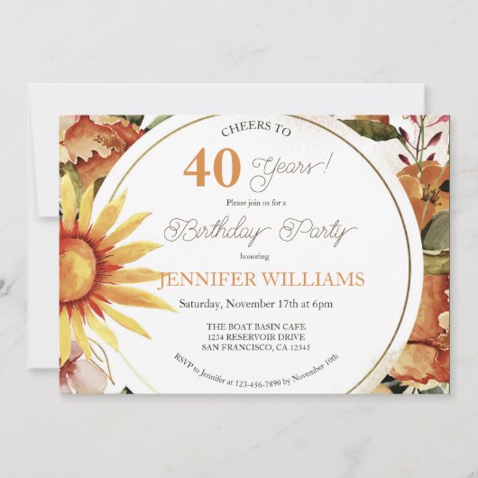 Invitation Rustic Boho Autumn Sunflower 40e fête d'anniversai (Devant)