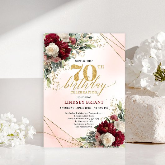 Invitation Rustic Boho Burgundy Floral 70th Birthday Invite