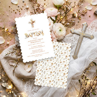 Invitation Rustic Boho Chic Floral Cross Baptism TMF26