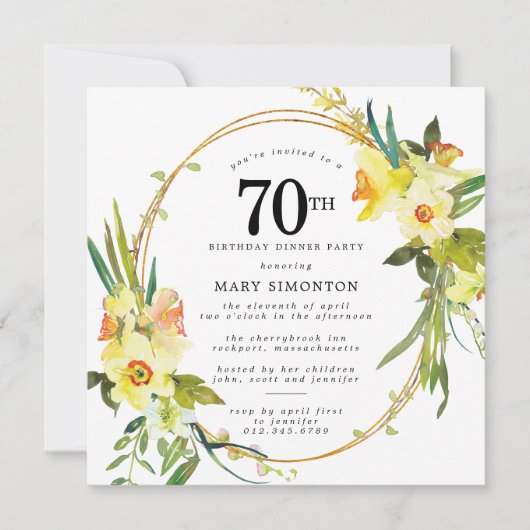 Invitation Rustic Boho Daffodil 70e anniversaire Dîner fête (Devant)