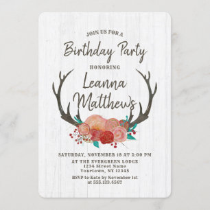 Invitation Rustic Boho Deer Antlers Anniversaire Fête Invitat