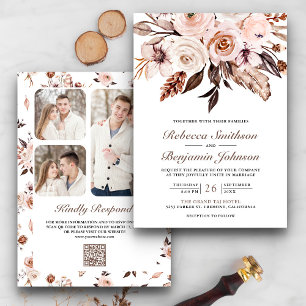 Invitation Rustic Boho Earthy Ivory Floral QR Code Wedding