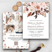 Invitation Rustic Boho Earthy Ivory Floral QR Code Wedding