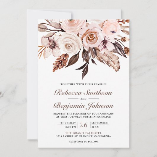 Invitation Rustic Boho Earthy Ivory Floral QR Code Wedding (Devant)