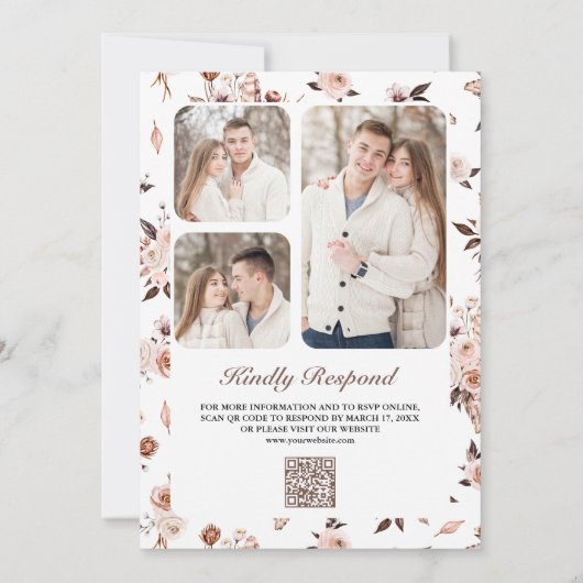 Invitation Rustic Boho Earthy Ivory Floral QR Code Wedding (Dos)