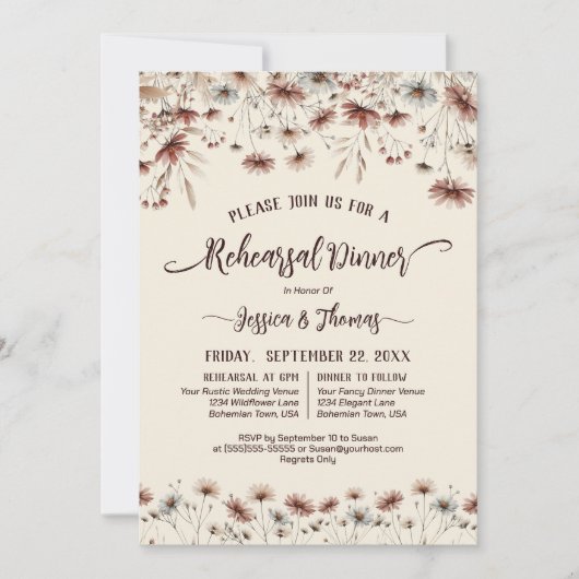 Invitation Rustic Boho Fleur sauvage répétition et dîner Mari (Devant)