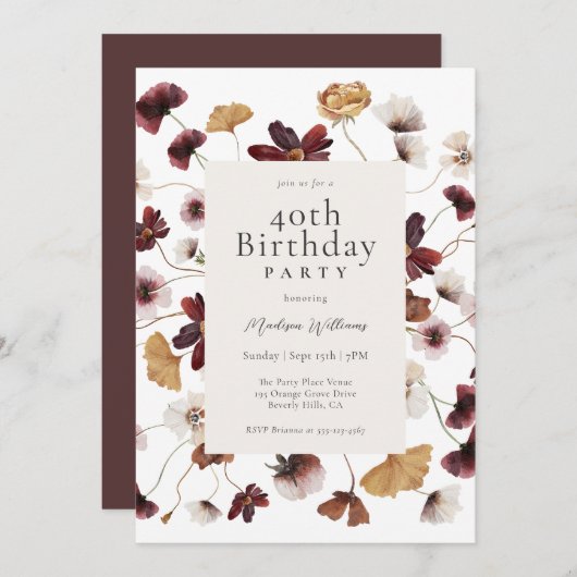 Invitation Rustic Boho Fleurs sauvages 40e fête d'anniversair (Devant / Derrière)