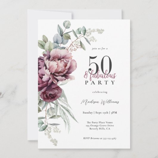 Invitation Rustic Boho Floral 50 et fabuleuse fête d'annivers (Devant)