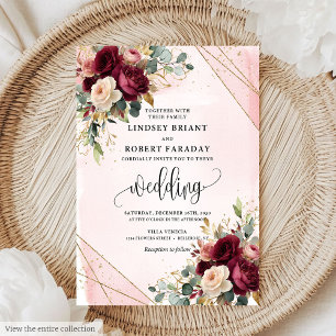 Invitation Rustic Boho Maroon Gold Blush Roses de mariage Inv
