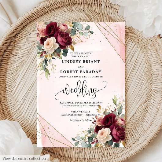 Invitation Rustic Boho Maroon Gold Blush Roses de mariage Inv