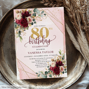 Invitation Rustic Boho Maroon Gold Roses 80e anniversaire Inv