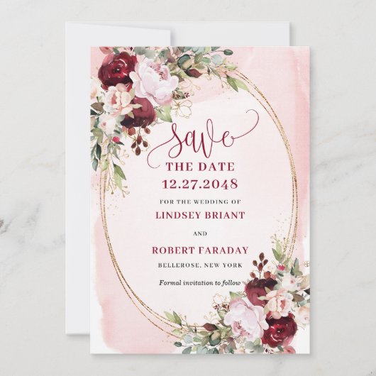 Invitation Rustic Boho Merlot Blush Gold Flowers Save Date (Devant)