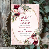 Invitation Rustic Boho Merlot Blush Gold Flowers Save Date