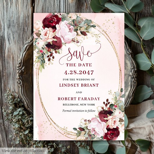Invitation Rustic Boho Merlot Blush Gold Flowers Save Date