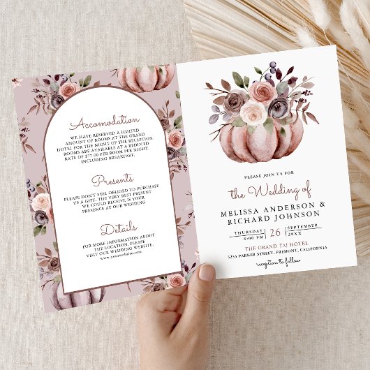 Invitation Rustic Boho Neutral Pumpkin Floral QR Code Wedding