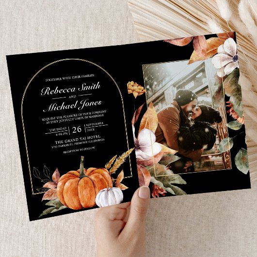 Invitation Rustic Boho Pumpkin Photo QR Code Black Wedding