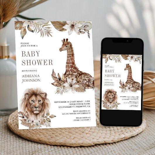 Invitation Rustic Boho Safari Lion and Giraffe Baby Shower