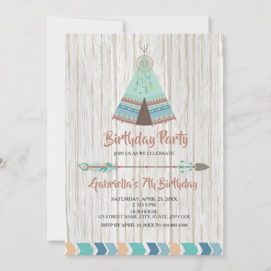 Invitation Rustic Boho Tribal Teepee fête d'anniversaire (Devant)