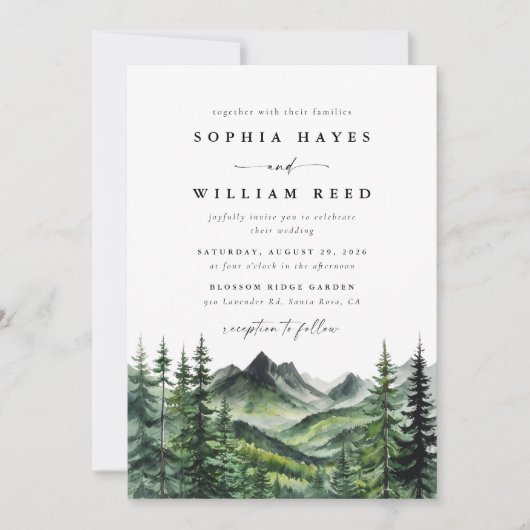 Invitation Rustic Boho Watercolor Mountain Wedding (Devant)