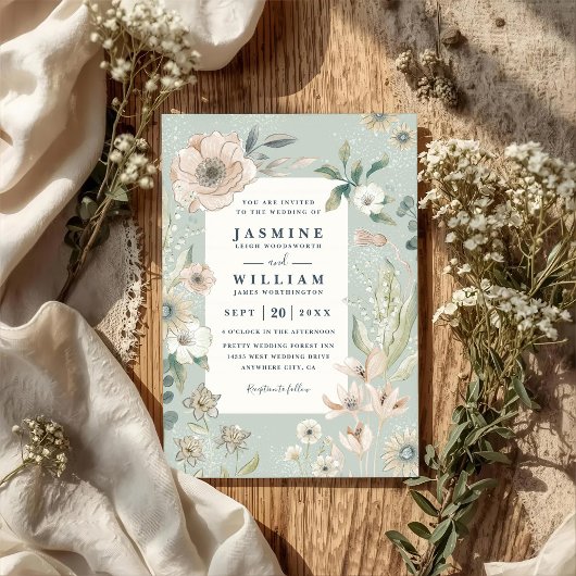 Invitation Rustic Boho Whimsical Blush QR Code Wedding