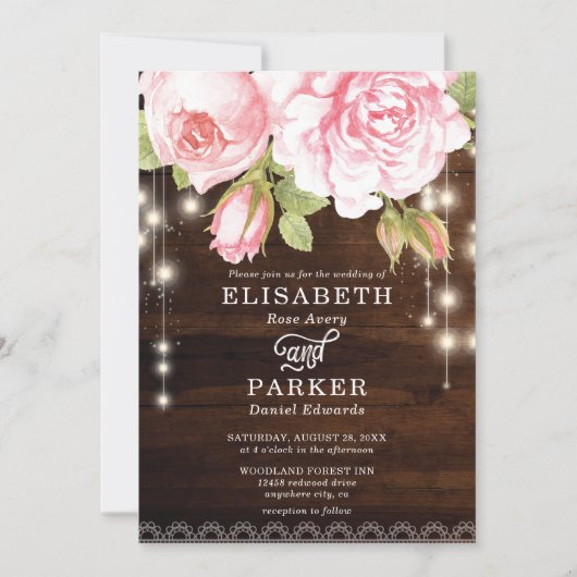 Invitation Rustic Bois Chaîne Lumière Mariage Rose (Devant)