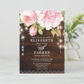 Invitation Rustic Bois Chaîne Lumière Mariage Rose (Debout devant)