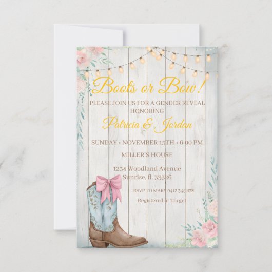 Invitation Rustic Boots or Bows Gender Reveal (Devant)