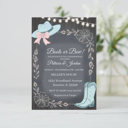Invitation Rustic Boots or Bows Gender Reveal  (Debout devant)