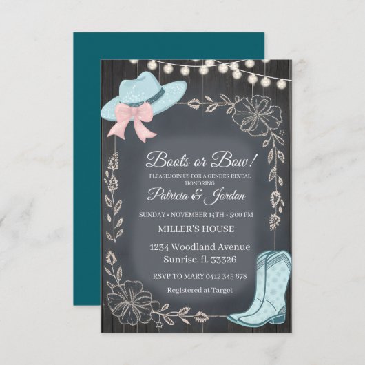 Invitation Rustic Boots or Bows Gender Reveal  (Devant / Derrière)