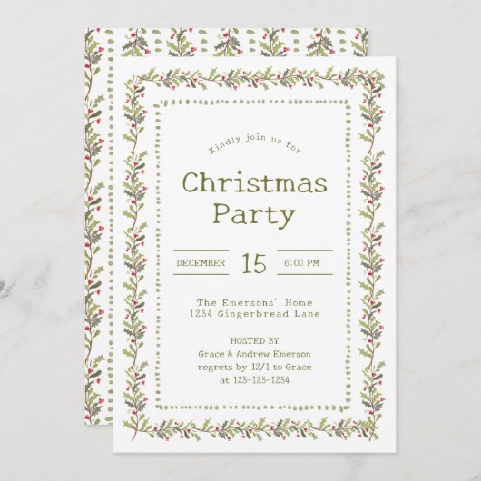 Invitation Rustic Botanical Christmas Party (Devant / Derrière)