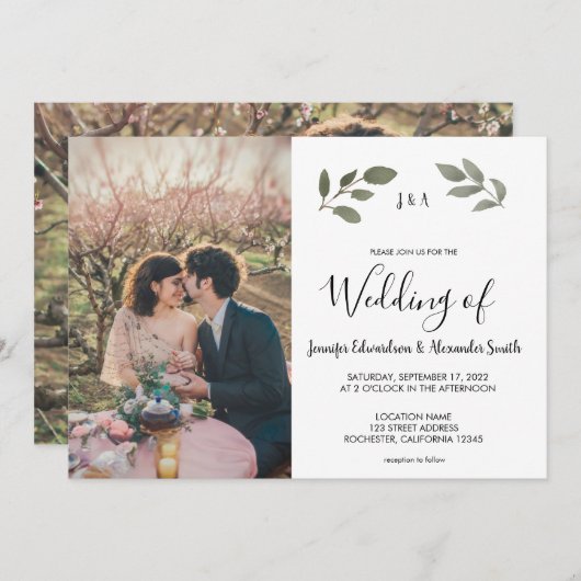 Invitation Rustic botanical monogrammed photo Wedding (Devant / Derrière)